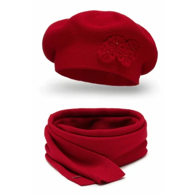 Image de VIVISENCE Femme Béret Et Écharpe pour L&#039;automne l&#039;hiver Ensemble en Laine avec Application Florale Style Classique Confortable Élégant Parfait Lhiver Cadeau 7006Kmpl, Rouge,Taille Unique