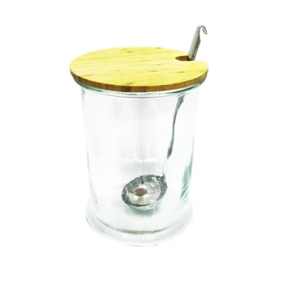 Image de HOME DECO FACTORY Saveur &amp; Dégustation KA1574 Bocal Boisson 5 litres avec Louche, Bois/INOX/Verre, Transparent/Marron, Accompagné d&#039;un Couvercle en Bois, Diamètre 19cm Hauteur : 26cm