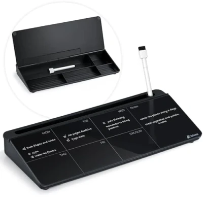 Image de Varhomax tableau blanc hebdomadaire en verre effaçable à sec, planificateur de liste choses faire, calendrier avec support rangement, mémo pour la maison et le bureau, noir