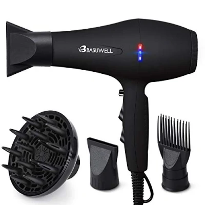 Image de Basuwell Sèche Cheveux Professionnel 2100W, Salon avec Diffuseur,Peigne et Buse, Puissant AC Moteur (Noir)