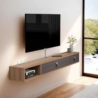 Image de Pmnianhua Meuble TV flottant, armoire murale de 120 cm, étagères flottantes avec 2 tiroirs, console multimédia moderne, grand banc rangement pour salon et bureau (120 marron foncé) liamen1400
