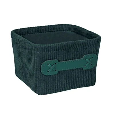 Image de WENKO Panier de Salle Bain Anela Square, Rangement en Velours côtelé, Ranger Les Accessoires la Bain, 100% Polyester, poignée Similicuir, 14 x 9 cm, Vert foncé