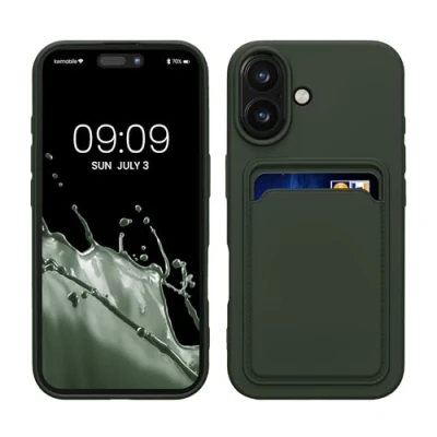 Image de kwmobile Housse Compatible avec Apple iPhone 16 Coque de téléphone Compartiment Carte en Silicone Vert foncé
