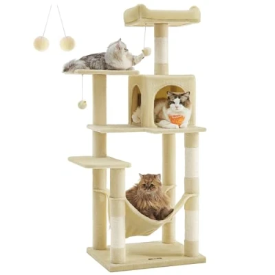 Image de Feandrea Arbre à Chat Hauteur 143 cm, Tour de Jeux pour Chats, avec 4 Poteaux Griffer, 2 Plateformes, 1 Niche, Hamac, Pompons, en Tissu Peluche, Multi Niveaux, Beige PCT161M01