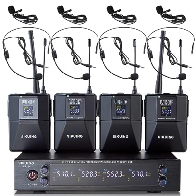 Image de SIKUING Système de microphone sans fil UHF à 4 canaux avec microphones serre tête Lavalier, x 50 fréquences réglables, idéal pour les réunions karaoké, l&#039;église, une portée 300 m (4 bodypack)