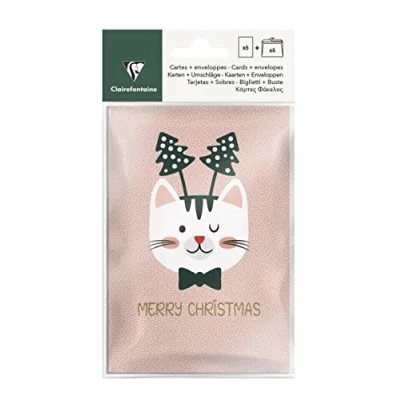Image de Clairefontaine 202068C Un Paquet De 6 Cartes Voeux Avec Enveloppes Thème : Chat, Rose Et Vert, Joyeux Noël, Merry Christmas Idéal Pour Voeux, Fêtes Fin d&#039;Année
