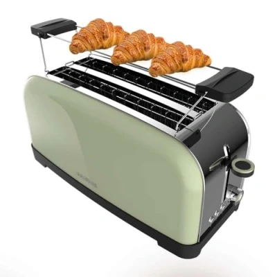 Image de Cecotec Grille pain vertical Toastin&#039; time 1500 Green, W de puissance, Double fente longue et large 3,8 cm, Varillas Supérieures, Acier Inoxydable, Arrêt Popup Automatiques, Bac à miettes