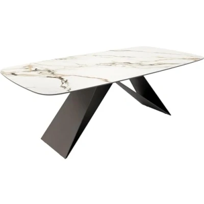 Image de Table à manger Edge en forme de bateau 240x120 céramique Calacatta Luxe blanc doré gris cadre V acier plat noir