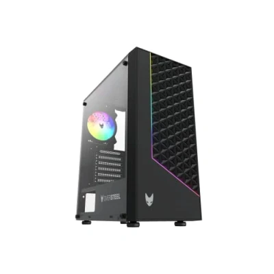 Image de Oversteel Iridium Boîtier PC Gaming compatible avec les cartes ATX, Micro ATX et ITX, ventilateur A RGB 120mm, façade en mesh, 2 filtres à poussière, verre latéral trempé, USB 3.0, noir