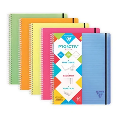 Image de Clairefontaine 328176C Proactiv&#039;Book Cahier Trieur à Spirale Perforé A4+ 22,5x29,7 cm 160 Pages Détachables Lignées Cadrées avec Marge Papier Blanc 90 g Couverture Polypro Couleur Aléatoire