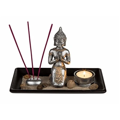 Image de Set décoratif, Bouddha en polyrésine sur Plateau Bois, avec boujoir Verre, 3 batônnets d&#039;encens, Pierres décoratives et Sable, env 22 x 14 cm,