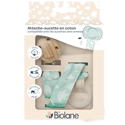Image de Biolane Attache sucette en Coton avec Clip Bois, 100% Doux, Fixation Double Sécurité, Motif Vert Menthe
