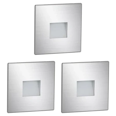 Image de ledscom.de 3 pièces Lumière d&#039;escalier LED/lampe murale encastrée FOW pour l&#039;intérieur et l&#039;extérieur, downlight, carré, acier inoxydable, 85 x 85mm, blanc chaud