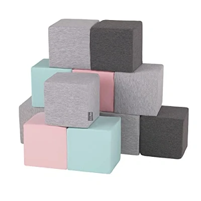 Image de KiddyMoon Blocs Mous pour Bébé 12 Pièces Cubes De Construction en Mousse 14Cm, Cubes: Gris Clair/Gris Foncé/Rose/Menthe
