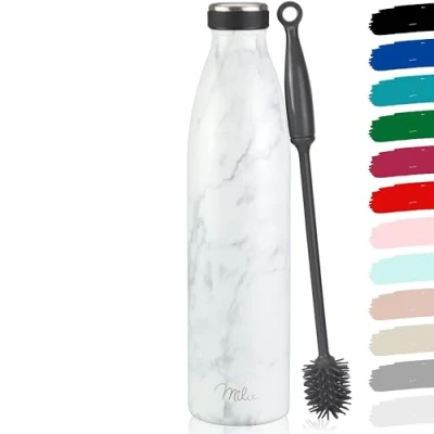 Image de Milu Gourde en acier inoxydable 350 ml 500 ml, 750 1000 1,5 l bouteille isotherme, d&#039;eau isolée, double paroi anti fuite, convient aux acides carboniques (Marble, 1500ml)