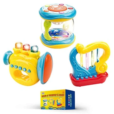Image de WEofferwhatYOUwant Instruments de Musique pour Bébés. Ensemble 3 avec Trompette, Tambour, Harpe. Jouets Piles Incluses.