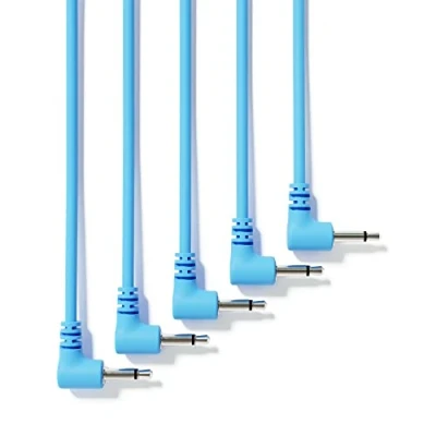 Image de ExcelValley 5 Pack Câbles Modulaires Mono Patch à Angle Droit 3,5mm 1/8&quot; Eurorack Synthétiseur [Bleu 10 cm 4&quot;]