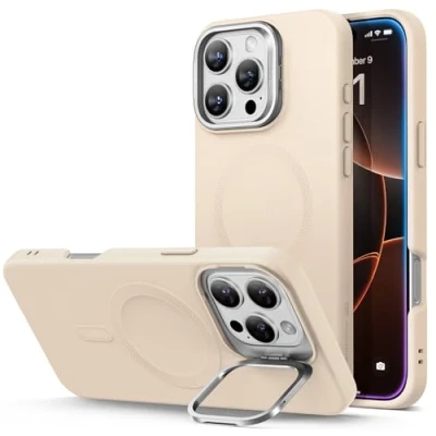Image de ESR Coque pour iPhone 16 Pro Max, en Silicone avec Support, Compatible MagSafe, Support Caméra Intégrée, de Téléphone Magnétique Série Cloud, Beige Clair