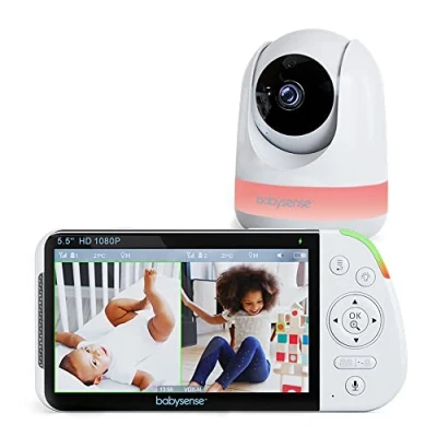 Image de Babysense MaxView Babyphone Camera 5.5 HD 1080p Écran Partagé, Moniteur Vidéo avec Caméra et Audio, sans WiFi, Veilleuse RGB, Portée 300m, Audio Bidirectionnel, Zoom 4X, Batterie 5000mAh