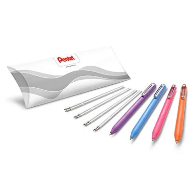 Image de Pentel iZee BX470, Stylo bille rétractable encre à faible viscosité, pointe large 1 mm, Pack de 4 stylos + sachets 2 recharges, Orange, Rose, Bleu ciel, Violet