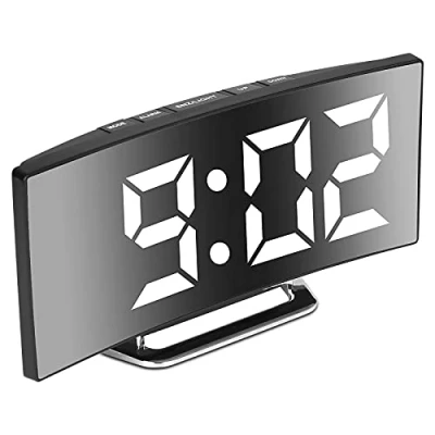 Image de Derkiewn Réveil numérique pour Chambres à Coucher, écran Miroir 7&#039;&#039; LED, 2 luminosités, 12/24H, température, Date, veilleuse, Snooze, Alimentation USB, Fonction mémoire（Blanche）