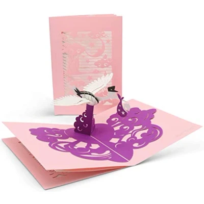 Image de carte de félicitations à la naissance avec une page supplémentaire pour les salutations filles pop up bleue en 3D cigogne et un bébé