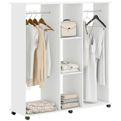 Image de HOMCOM Armoire penderie Meuble de Rangement Mobile 6 roulettes 120L x 40l 128H cm Panneau Particules Blanc