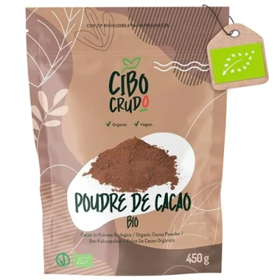 Image de Poudre de cacao amer 450g. biologique naturelle et pure traitée à basse température. cru riche en antioxydants magnésium fer vitamine B1 B2.