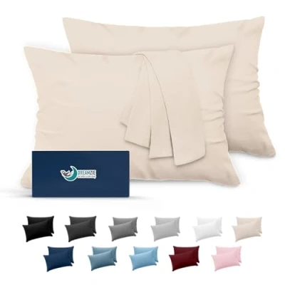 Image de Dreamzie Taie Oreiller 40x70 Lot de 2 en Microfibre Certifiée Oeko Tex Housse Coussin Douce Et Brossée, Toucher Peau Pêche Beige