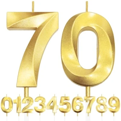 Image de 70th Bougie D&#039;anniversaire à Paillettes Dorées au Design 3D, Bougies Numérotées pour 70e, Décorations de Dessus Gâteau, Gâteau Fête D&#039;anniversaire, Anniversaire Mariage