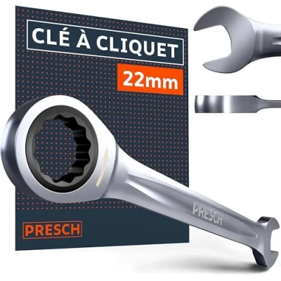 Image de PRESCH Clé à cliquet 22mm Angle de reprise minimal (3, 120 dents) Déport 15 pour les zones étroites plate robuste usinée avec précision