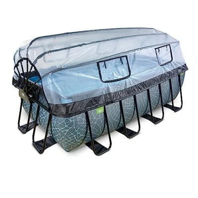 Image de EXIT TOYS Piscine Stone avec dôme 400x200x122cm Grande rectangulaire Pompe à Filtre Sable et échelle de Extra Profonde pour Une Eau Propre Chaude Gris
