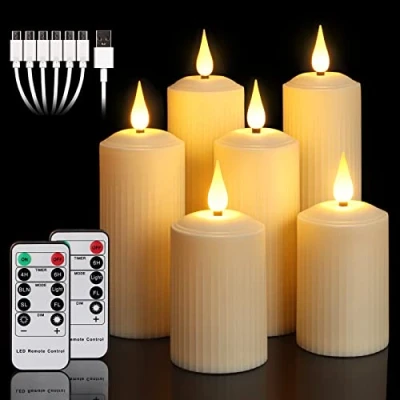 Image de yunsheng Lot de 6 bougies LED rechargeables avec télécommande à 10 touches, étanches fausse bougie minuterie 6/8 heures, 5.1x 10,5/14/16,5 cm, ivoire, type C