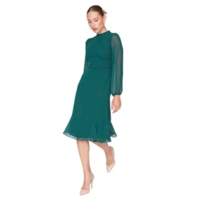 Image de TRENDYOL Damen Gerade Midi Lange Ärmel Tag Nacht Regulär Kleid Robe, Vert, 40 Femmes
