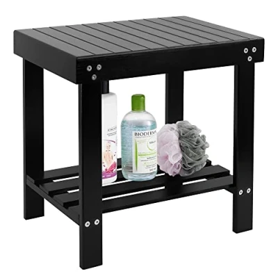 Image de VaeFae Banc de Spa en Bambou avec Pieds antidérapants et étagère Rangement pour Serviette shampooing, Fonctionne dans la Salle Bain, Le Salon, Chambre à Coucher, Jardin (Noir)