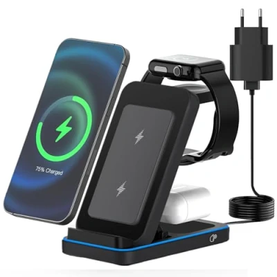 Image de JOEAIS Chargeur Induction, 3 en 1 Chargeurs à Induction pour Téléphones Portables avec Adaptateur, Rapide sans Fil 15W iPhone/Samsung/Apple Watch/Apple Ecouteurs(Noir)