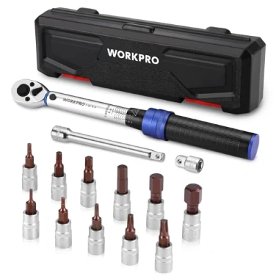 Image de WORKPRO Clé Dynamométrique 1/4’’, Clef Vélo 2 26N.m, Précision ±3%, 72 Dents, Tête à Cliquet Réversible, Barre d&#039;Extension, Adaptateur 1/4’’X3/8’’, 11 Douilles Torx/Hexagonal pour