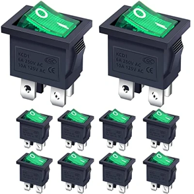 Image de Taiss/10 pièces Interrupteur à bascule ON/OFF DPST 4 broches 2 positions Commutateur avec vert Indicateur LED 6A 250V AC pour Voiture Camion Bateau électroménagers KCD1 201N G