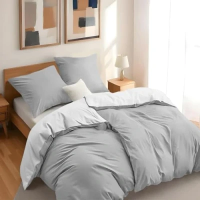 Image de Dreamzie 2 Housse de Couette 135x200 cm avec Taie Oreillers 80x80 Gris Clair/Blanc Parure Lit en 100% Microfibre 4 Pièces Certifié sans Produits Chimiques (Oeko TEX)