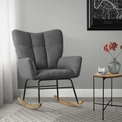 Image de ML Design Fauteuil à Bascule Gris Foncé, avec Housse en Tissu Éponge, Structure Acier, Pieds Bois Naturel, Chaise de Relax, Relaxation Oscillant Rembourré, pour Salon Chambre