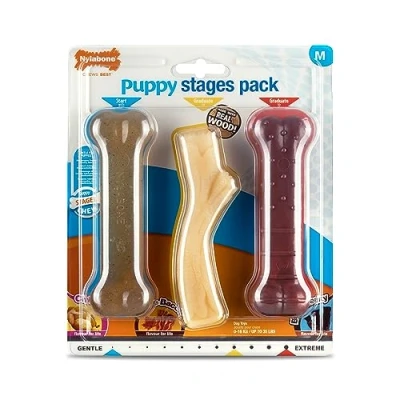 Image de Nylabone Puppy Stages Lot de 3 Jouets à mâcher Doux au Poulet pour débutants Bâton Bois d&#039;érable gradué Os bœuf séché Taille M (1 mâcher)