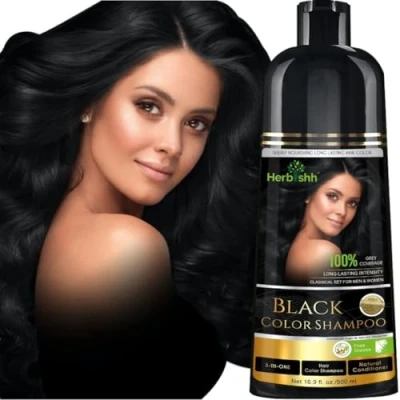 Image de Herbishh Shampoing colorant pour cheveux gris naturel Colore les en quelques minutes Couleur longue durée 500 ml Coloration 3 1 Sans ammoniaque (noir)