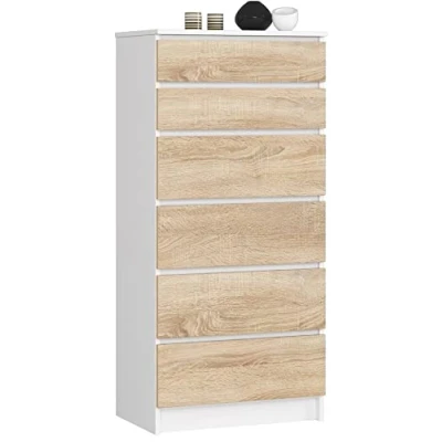 Image de AKORD Commode K60 avec 6 tiroirs Classique pour La Chambre, Salon Meuble de Rangement L60 x H130 P40 cm Poids 43 kg Blanc/Chêne Sonoma