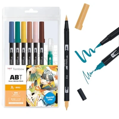 Image de Tombow ABT Dual Brush Pen set MANGA Aquarelle Bird, de 6 + pinceau à réservoir d&#039;eau, modèles coloriage &amp; tutoriel vidéo [ABT 6P BIRD]