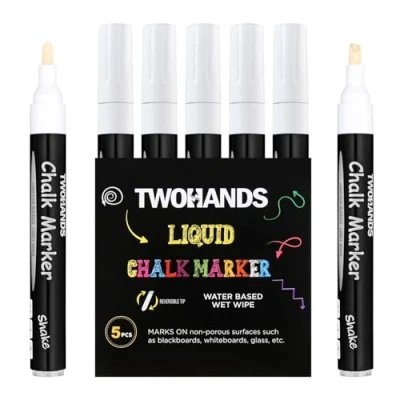 Image de TWOHANDS Stylo Craie pour Tableau Noir, Marqueurs à liquide Effaçable Blancs (Lot de 5), Pointe Réversible, Feutre Fenêtres, Tableaux, Enseignes, Verre,19530