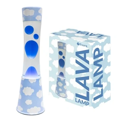 Image de Fisura Lampe à lave nuages avec base imprimée nuages, liquide transparent et bleue. Effet relaxant, ampoule de rechange incluse. Dimensions 11 cm x 39,5 cm.
