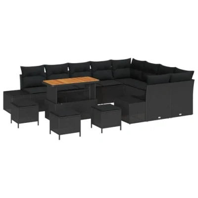 Image de Ensemble de sofa jardin 13 pièces avec coussins en rotin poly noir acacia 3364779