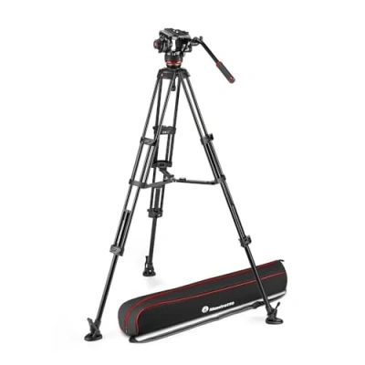 Image de Manfrotto 504X Tête Vidéo Fluide Double Trépied, Kit Trépied Aluminium et Vidéo, Pied Ecarteur de Niveau Moyen, pour Reflex Numérique, Caméscopes, Vidéaste, Sac Transport, Charge 12 kg