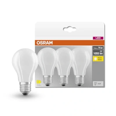 Image de OSRAM lampe LED, Culot: E27, Blanc chaud, 2700 K, 7,50 W, remplacement pour 75 W Incandescent bulb, dépolie, LED BASE CLASSIC A, Paquet de 3