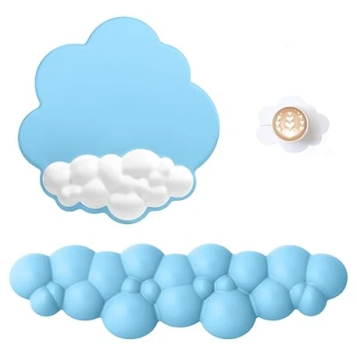 Image de ATTACK SHARK Cloud Repose Poignet Tapis de Souris avec Dessous Verre, Support Ergonomique pour Clavier, Base Antidérapante, Ensemble d&#039;accessoires Bureau Mignons Bleu/Blanc